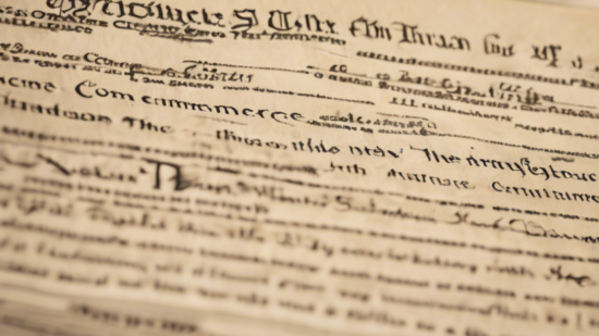 A close-up of an old, handwritten legal or official document with ornate lettering at the top, partially blurred in the background.