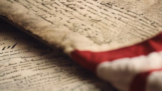 A close-up of the United States Constitution resting on an American flag, showing handwritten text and a weathered appearance.