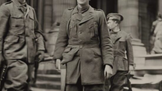 Three soldiers in uniform stand in front of a building with tall columns; the central figure faces forward while the others stand behind him.