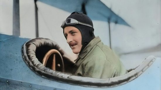 A pilot wearing a leather helmet and goggles sits in the cockpit of a vintage biplane, embodying a spirit that's as tough to amend as the Constitution itself.