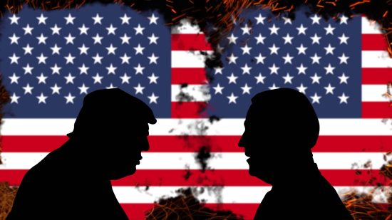 Two silhouettes of a man and a woman facing each other in front of an American flag, representing the US.