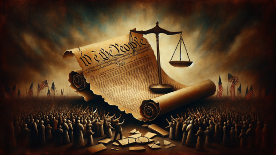 A weathered parchment with "We the People" is flanked by scales of justice, surrounded by a crowd and flags, set against a dramatic sky.